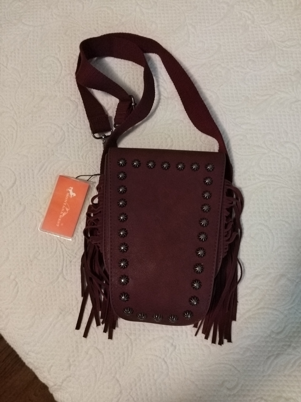 Montana West Burgundy Fringe Crossbody with Stud Accents